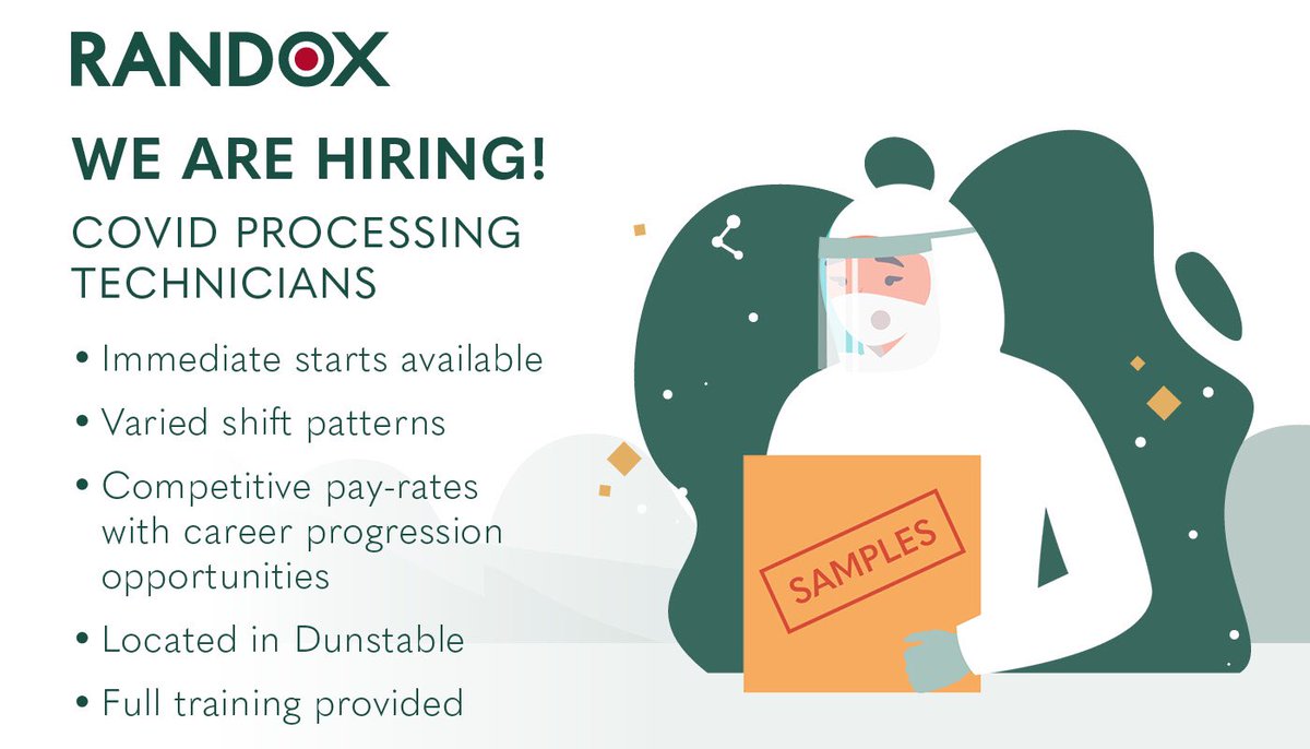 RANDOX Laboratories are looking for candidates to join our NEW COVID testing Labs in Dunstable! Exciting opportunity for anyone seeking experience within a lab setting - Scientists or Aspiring Scientists follow this link: getgotjobs.co.uk/jobDetails/d57… your dream job may await!👩🏻‍🔬🧪