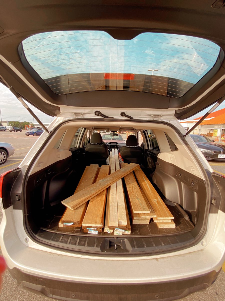 Budds_Subaru's tweet photo. Did you know: The Subaru Forester has enough space with the seats folded down for 8ft pieces of lumber - with the trunk closed! 

It rests comfortably on the middle arm rest between the two front seats. Just make sure to bring some towels to lay it on, so it doesn't get dirty! https://t.co/OkmyoZ37m1
