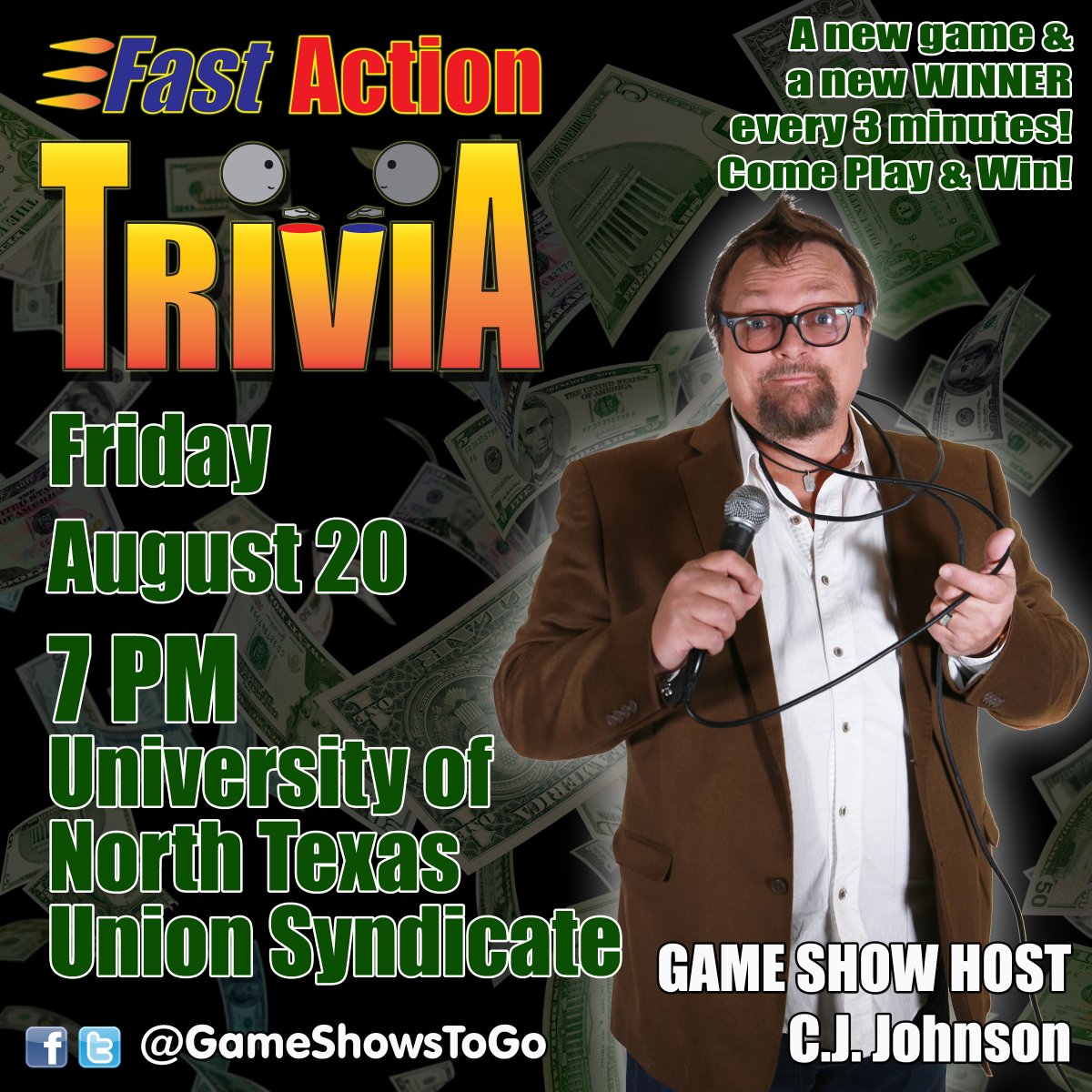 GameShowsToGo's tweet photo. Orientation week continues!!! Tonight at Univ of North Texas in the Union Syndicate - the literal venue we had in mind when designing Fast Action Trivia! Come out and play with us UNT we've got lots of $$$ to give away to start off Fall 2021 with a bang! https://t.co/Bk6f5hQVVv