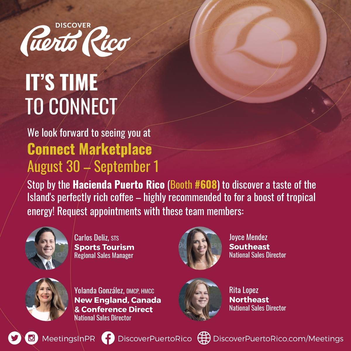 MeetingsInPR's tweet photo. It’s time to connect! We’ll see you in Tampa. Be sure to request appointments with our team or stop by our hacienda booth for a coconut latte! #ItsTimetoConnect #DiscoverPuertoRico https://t.co/4cYlFNz70w