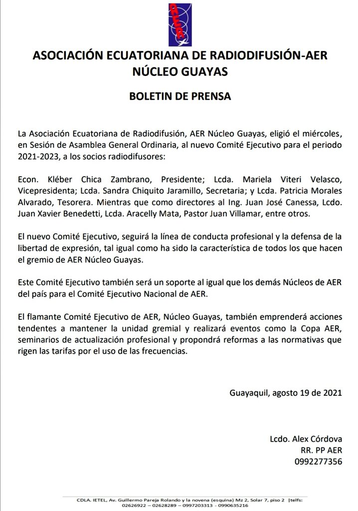 AernacionalEC's tweet photo. La Asociación Ecuatoriana de Radiodifusión, AER Núcleo Guayas, eligió el miércoles, en Sesión de Asamblea General Ordinaria, al nuevo Comité Ejecutivo para el periodo 2021-2023. https://t.co/W4EX05Exo9