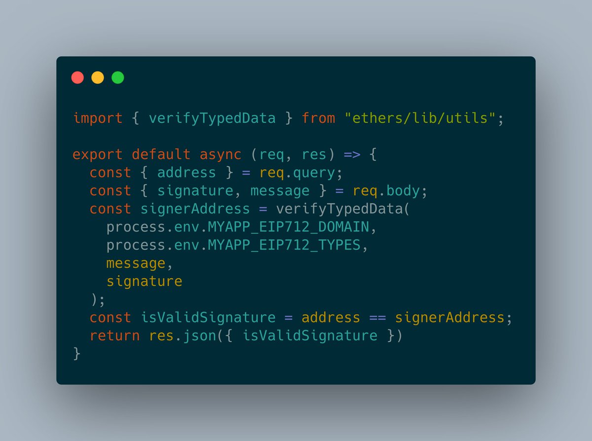 0xjjpa's tweet image. Forgot to answer you, but tl;dr #etherjs has already a `verifyTypedData` method directly so no need to do the hashing yourself. Here's a nextjs API route that you can deploy to @vercel and have a micro-API validate signatures by POSTing the signature+message (change DOMAIN+TYPES)