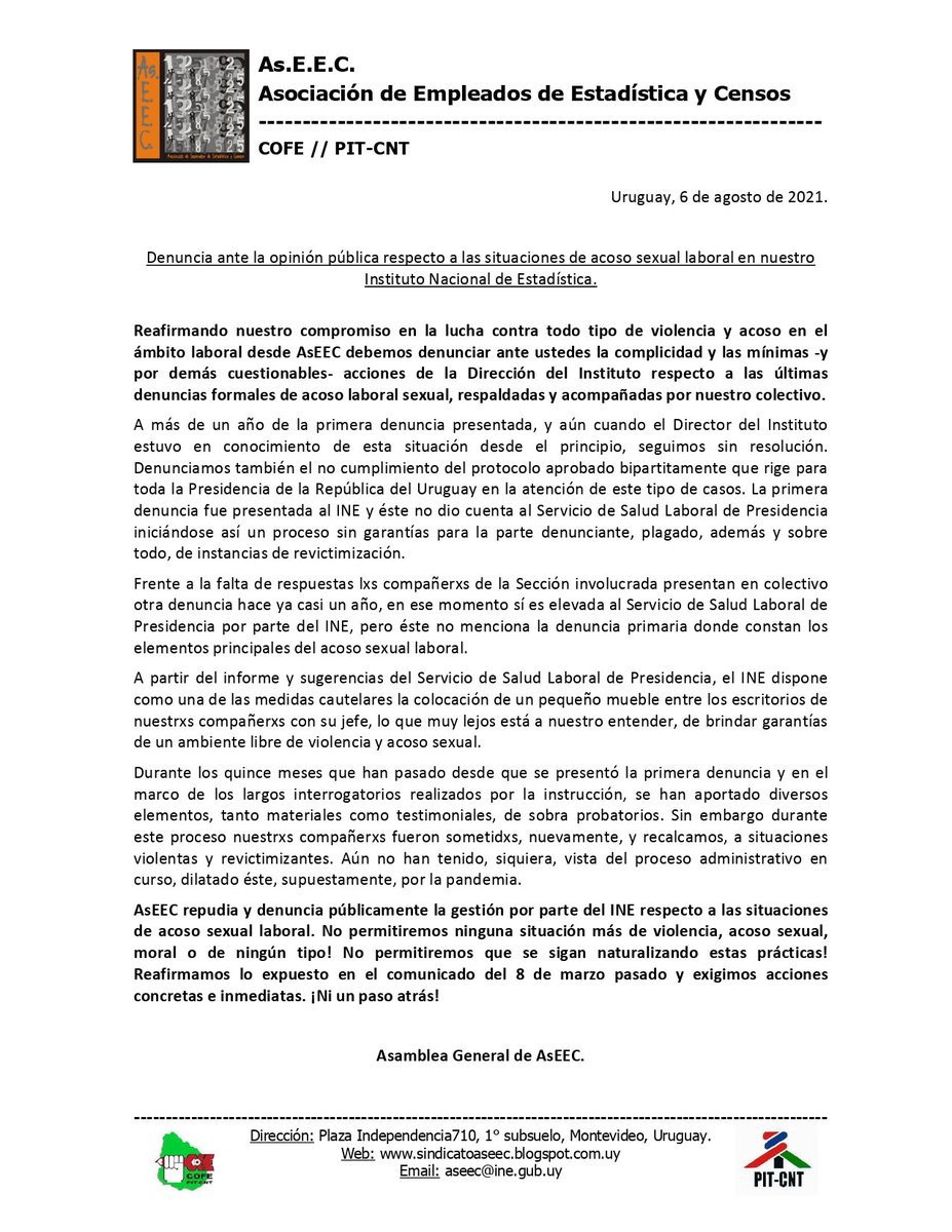 MatiASBlackfish's tweet photo. Solo 1 de cada 144 mujeres que sufre #AcosoSexualLaboral se anima a denunciar.
@labracinskas, trabajadoras INE denunciaron situación de acoso, pero @ine_uruguay no las respalda ni respeta protocolos aprobados
#AcosoSexualLaboral en #INEuy #NoMásViolencia en #INEuy https://t.co/vCwApNqzPK