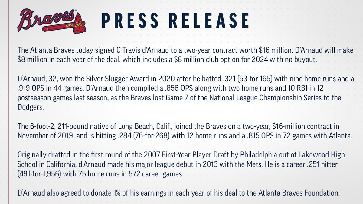 Braves's tweet photo. The Atlanta #Braves today signed Travis d’Arnaud to a two-year contract: https://t.co/Ob1YRzdE0c