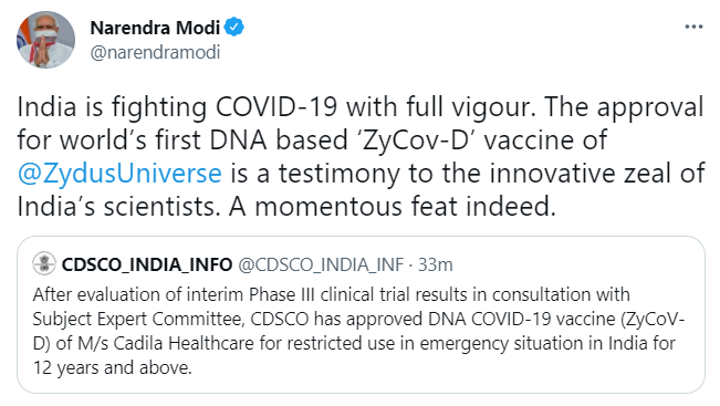 htTweets's tweet photo. "The approval for world’s first DNA-based ‘ZyCov-D’ vaccine of #ZydusCadila is a testimony to the innovative zeal of India’s scientists. A momentous feat indeed," tweets PM @narendramodi https://t.co/Fs0g8IuetX