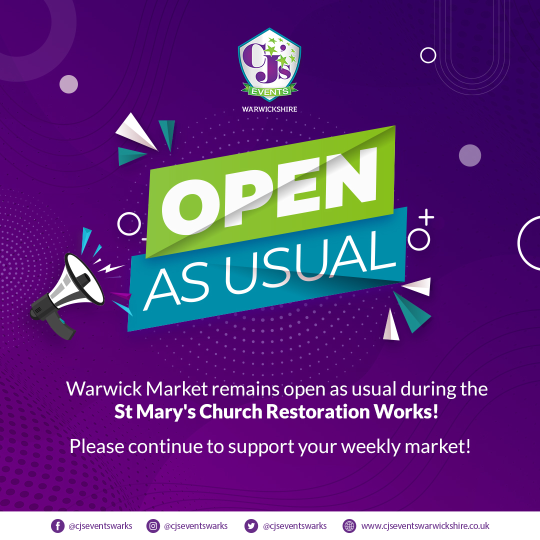 We're fully booked for Warwick Market throughout September due to the Restoration Works at St. Mary's Tower. 

We'll still be hosting around 50 local produce, arts &amp; crafts stalls, so please come and support local! 

cjseventswarwickshire.co.uk