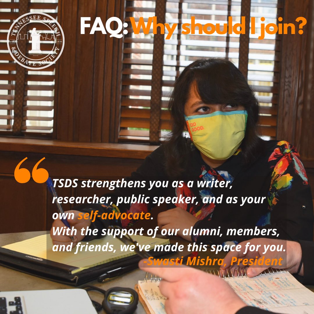 utkdebate's tweet photo. Final FAQ: Why should YOU join TSDS? Our President, Swasti Mishra, talks about the benefits, development, and community that you’ll have on our team. 

#utk #utkwomenlead #NewVols #VolsDebate #VFL #utknoxville #OneTeam #OneFamily #OneWin #recruitment #speechanddebate https://t.co/2Hc7koqFr5