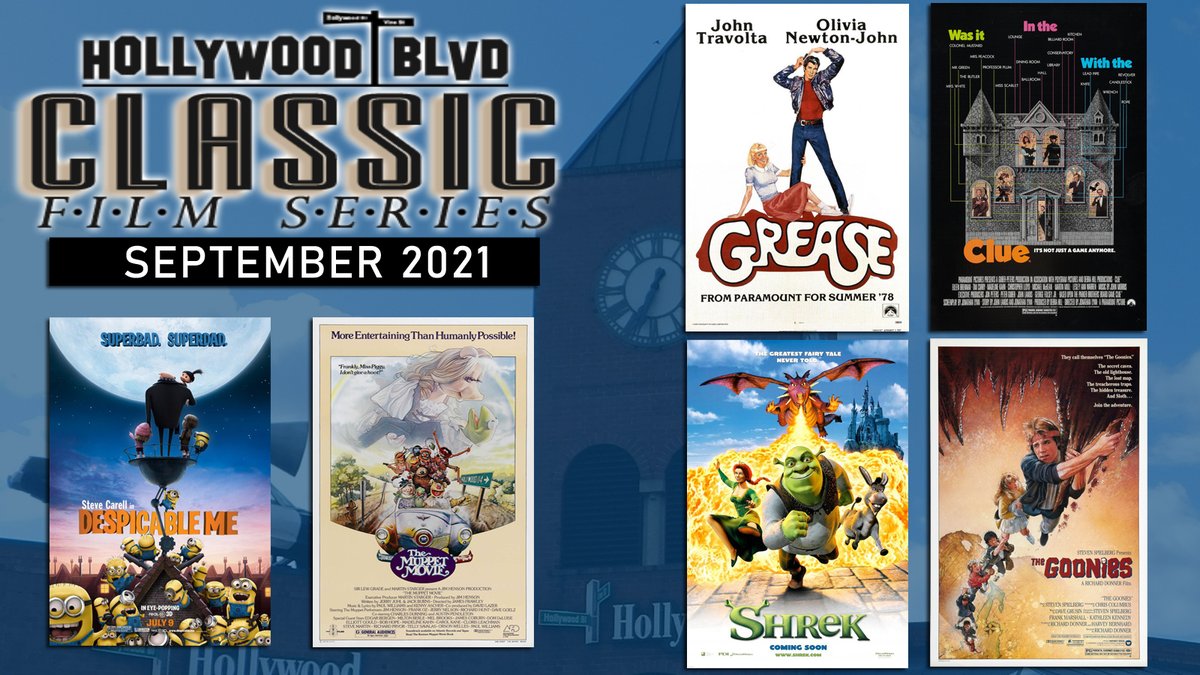 The Classic Film Series at Blvd has returned in time for September! Tickets are now on sale for: Grease, Clue, Shrek, The Goonies, Despicable Me & The Muppets Movie. $6 in advance online & $8 day of. #backtoschool #family #SupportSmallBusiness hollywoodblvdcinema.com/events/classic…