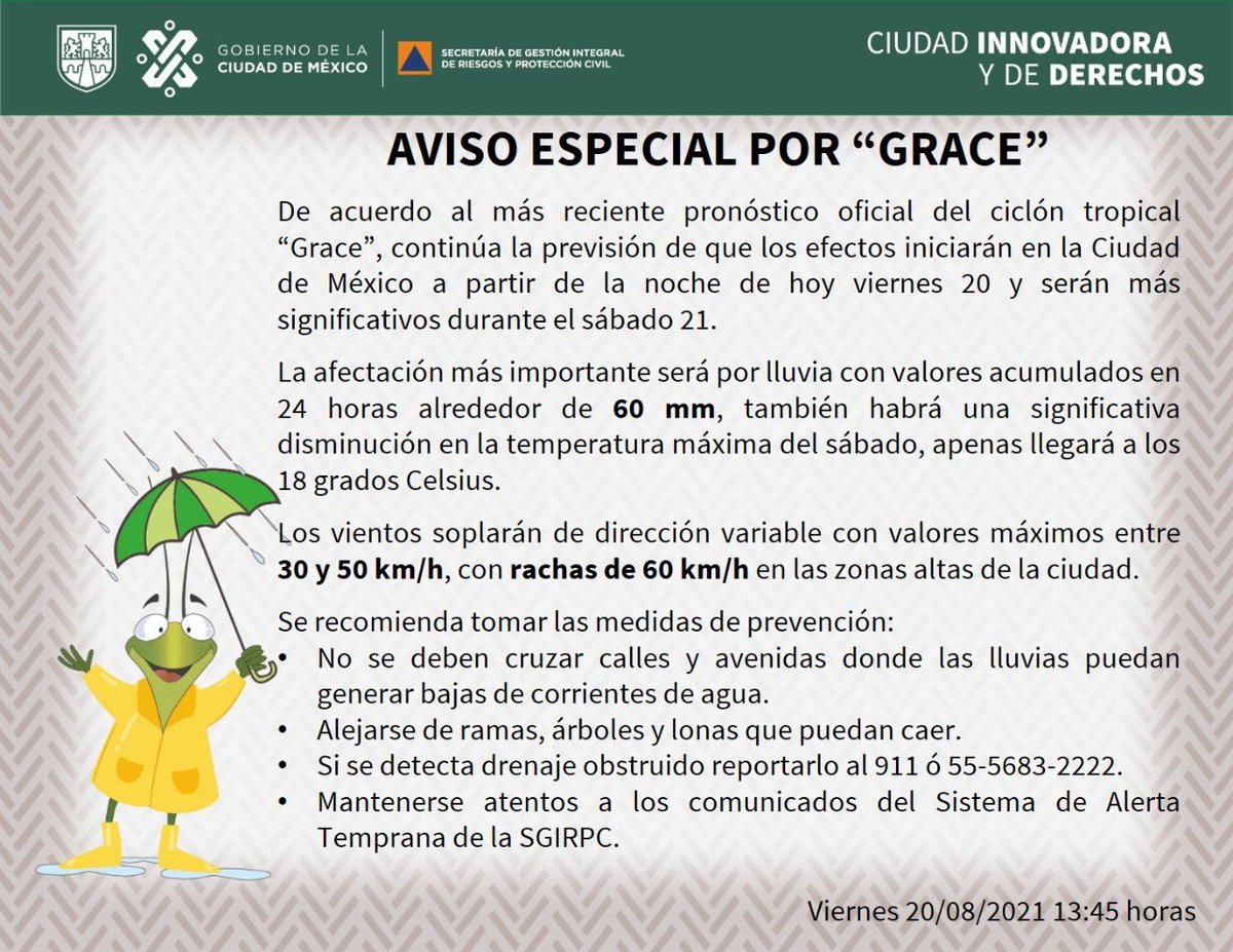 AlcaldiaMHmx's tweet photo. #MHInforma ⚠️ Compartimos el #AvisoEspecial de la @SGIRPC_CDMX con respecto a la evolución del ciclón tropical "Grace". Es muy importante reportar drenajes obstruidos y emergencias al 911. El Operativo #AlertaTlálocMH será permanente durante el fin de semana. https://t.co/ZaRZDJN567