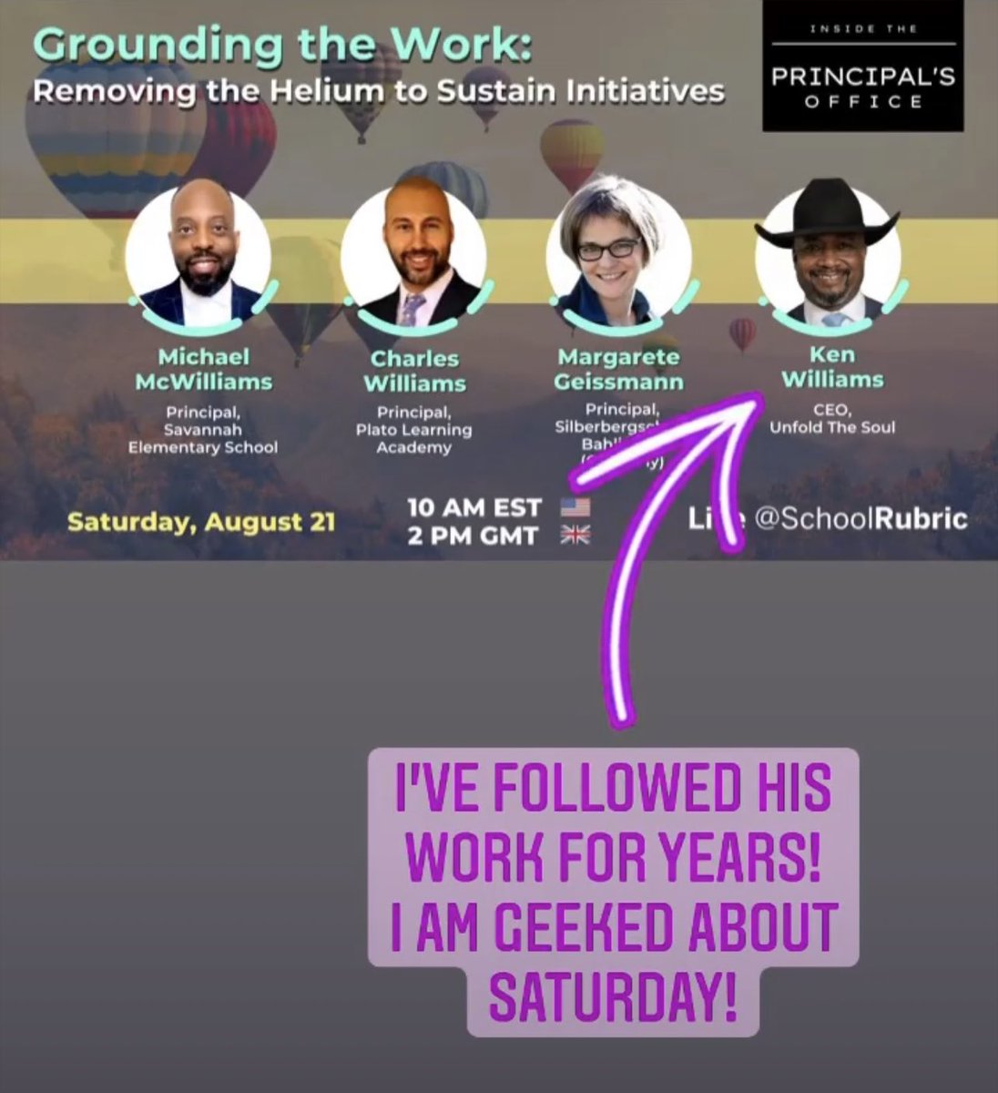 This will be #practical, #informative and #relevant to the work of #schoolleaders at all levels. Join <a href="/_cwconsulting/">Charles Williams</a>,  <a href="/unfoldthesoul/">Ken Williams</a> and @GiessmannM and me tomorrow morning! Let’s #connect and #learn!
<a href="/LearningLeader4/">The Learning Leader</a> <a href="/InsidePrincipal/">Inside The Principal’s Office</a> <a href="/cornqander/">Cornelius Q. Anderson</a> <a href="/SavannahElem380/">Savannah Elementary</a> <a href="/dentonisd/">Denton ISD</a>