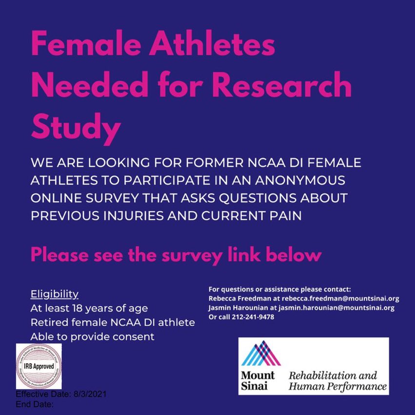 🚨Calling all former female Division I athletes🚨 We want to hear from you! Please consider taking our survey and telling us more about your experience with sports and musculoskeletal health. redcap.mountsinai.org/redcap/surveys… #femaleathletes #womenssportsmedicine @NCAA @WomenInPMR