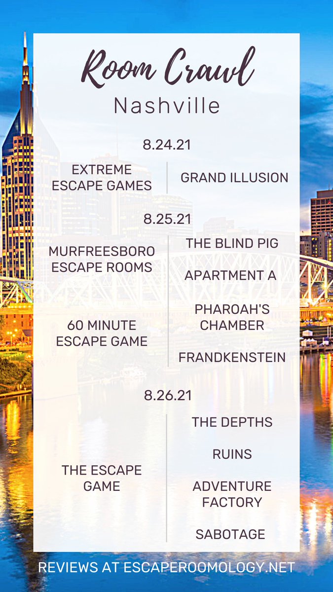 EscapeRoomology's tweet photo. Here's our escape room trip itinerary for next week in Nashville! Watch https://t.co/Cj2XXaYd2X for reviews, a trip vlog, and more. https://t.co/PkMQPbAI4v https://t.co/s5cO3QGIvf
