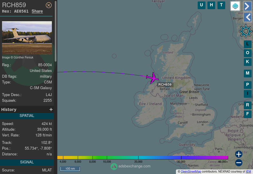TheIntelFrog's tweet photo. A third C-5 Galaxy has been spotted over the UK heading southeast bound.
#AE0581 as RCH859
#KabulAirlift #AvGeek #MilAir #Planespotting https://t.co/VDtszJCBa1