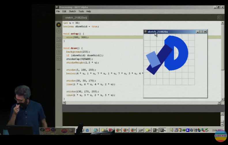 latostadorano's tweet image. Here you can see a @shiffman playing with an old version of @ProcessingOrg while trying to code the new logo on that past version :) sort of.. 
#pcd2021