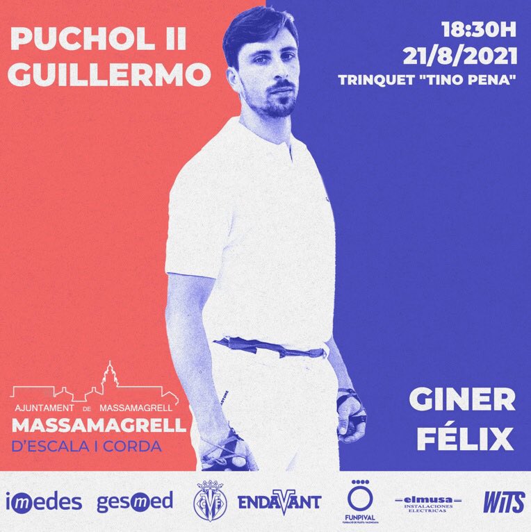 🗓 #PucholCalendar Demà tornem a #Massamagrell 👇

📍 Trinquet “Tio Pena”
⚾️ #EscalaiCorda
🔵 <a href="/ginerpilotari/">Marc Giner de Murla</a> i Félix
🔴 <a href="/Pucholpilotari/">F. Xavier Puchol</a> i Guillermo

#SOMPILOTA ⚾️ #PUCHOLPILOTARI <a href="/Imedes/">Imedes</a> <a href="/Gesmed/">Gesmed</a> <a href="/VillarrealCF/">Villarreal CF</a> #EndavantEsports <a href="/WitsCompany/">Wits Company</a> <a href="/fedpival/">FedPilotaValenciana</a> <a href="/funpival/">funpival</a> <a href="/Aj_Massamagrell/">Ajuntament de Massamagrell</a>