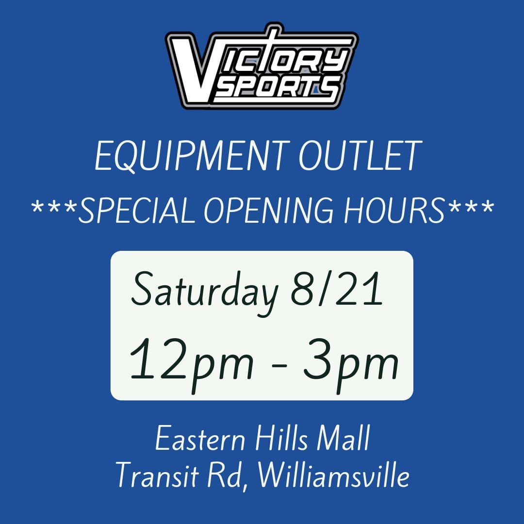 VictorySportsGO's tweet photo. Special Saturday opening hrs tmrw 8/21, from 12-3 at our Equipment Outlet @ Eastern Hills Mall. New &amp; used sports equipment at CRAZY low prices + you support our mission to help less fortunate kids enjoy sport #golf #hockey #football #golfclubs #discountequipment #sportsequipment https://t.co/qT1lBAVvaz
