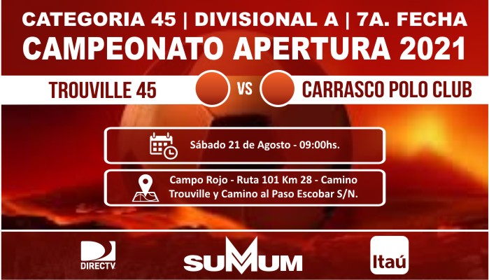 7A. FECHA APERTURA  <a href="/LPVFinfo/">LPVF</a> 2021 +45 A
⚽ @TrouvilleUniv 🆚 <a href="/CPC_LigaU/">Carrasco Polo</a>
📆 21/08/2021
⏰ 09:00
🏟 <a href="/CampoRojoUY/">Campo Rojo - Club Trouville</a>
#VamosLaRoja🔴⚽️