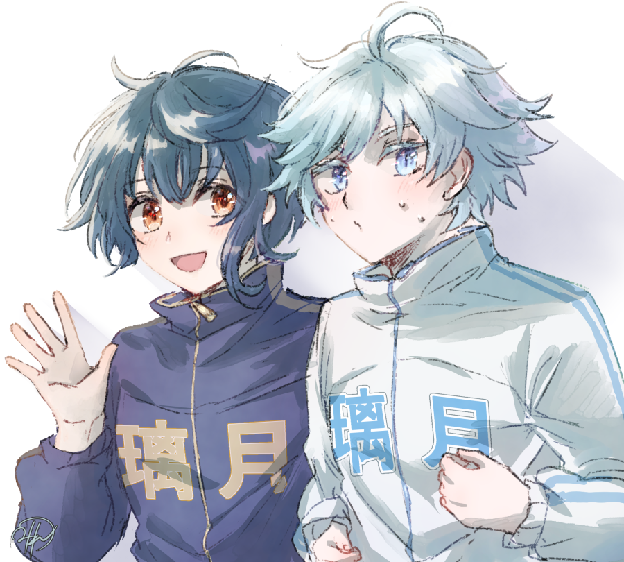 chongyun (genshin impact) ,xingqiu (genshin impact) 2boys multiple boys blue hair male focus blue eyes open mouth jacket  illustration images