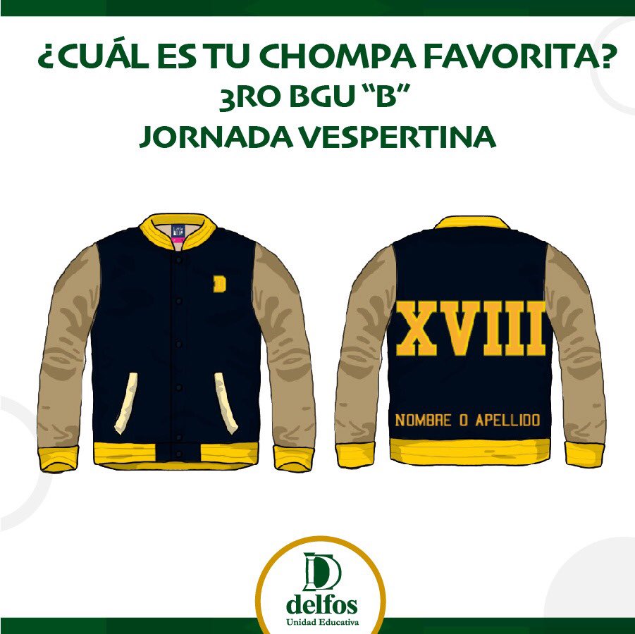 delfos_ec's tweet photo. Presentamos la propuesta diseñada por los estudiantes de 3ero BGU “B” de la jornada vespertina.
Si te gusta dale un like. Recuerda que los 2 modelos con más likes tanto en Instagram, como Facebook y Twitter pasarán a la final.
#SomosDelfos💛💚 #DelfosdeCorazón🧡 #chompas https://t.co/IDrJDQhwjM