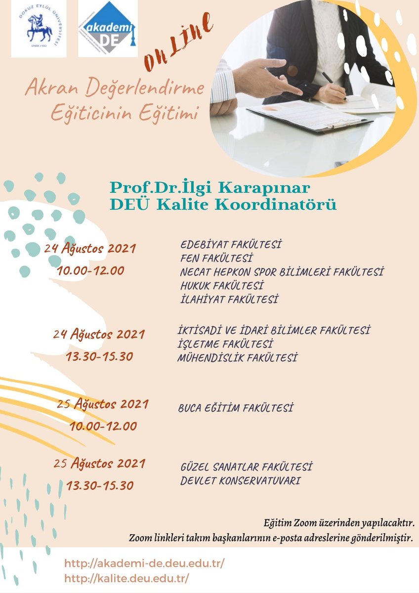 Üniversitemizin Kalite Güvence Sistemini geliştirmek ve Kalite Kültürünü yaygınlaştırmak için AKADEMİ-DE ve Kalite Koordinatörlüğü ortak çalışmasıyla Program Öz Değerlendirme'de Akran Değerlendirici Eğitimi 24 Ağustos 2021'de başlıyoruz. <a href="/deu_kalite/">DEÜ Kalite Koordinatörlüğü</a> <a href="/universitemDEU/">Dokuz Eylül Üniversitesi</a>