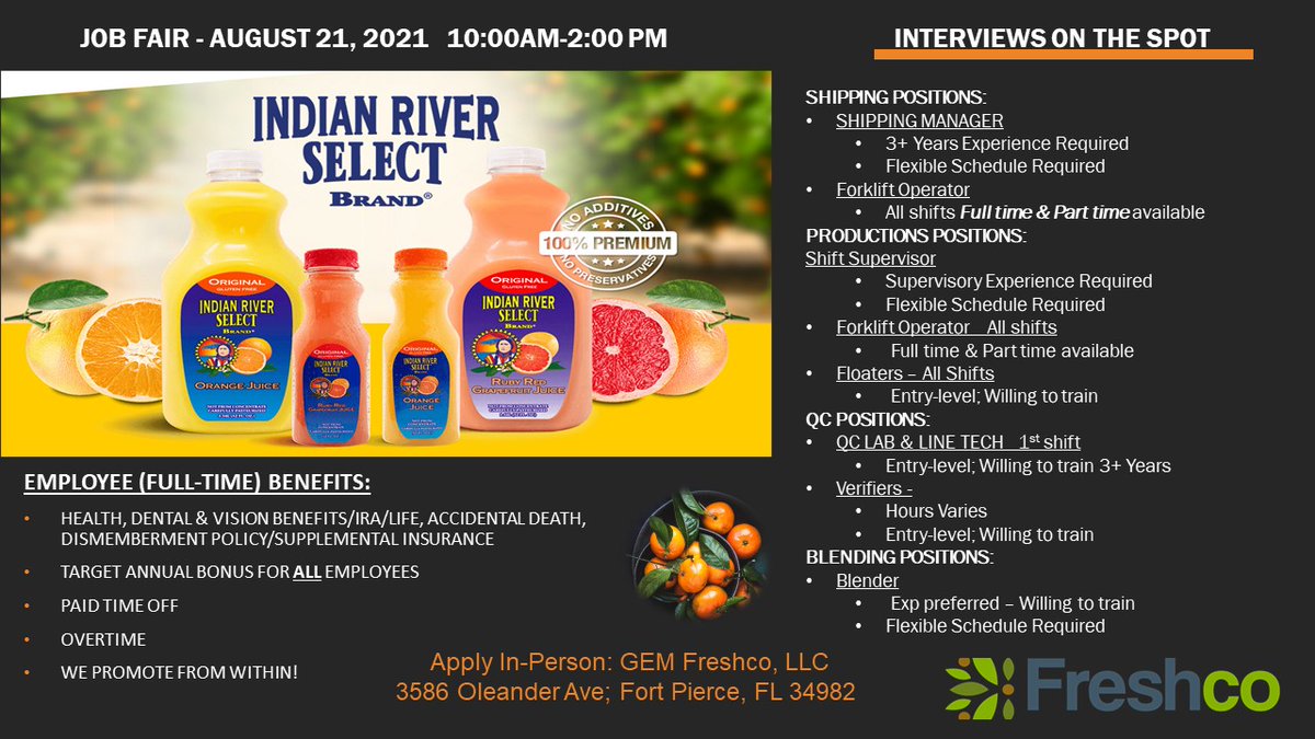Two job fairs on tap in Fort Pierce this Saturday, Aug. 21.  

Multiple positions at Pursuit Boats and Indian River Select available.  For details, visit youredc.com/worklocal 

#worklocalstlucie #pursuitboats #indianriverselect #stluciecounty #fortpierce
