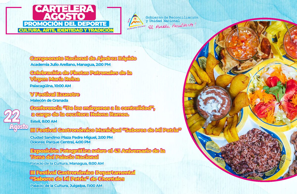 Cartelera Agosto tod@s a disfrutar de las actividades.

#NicaraguaLinda
#HijosdeSandino