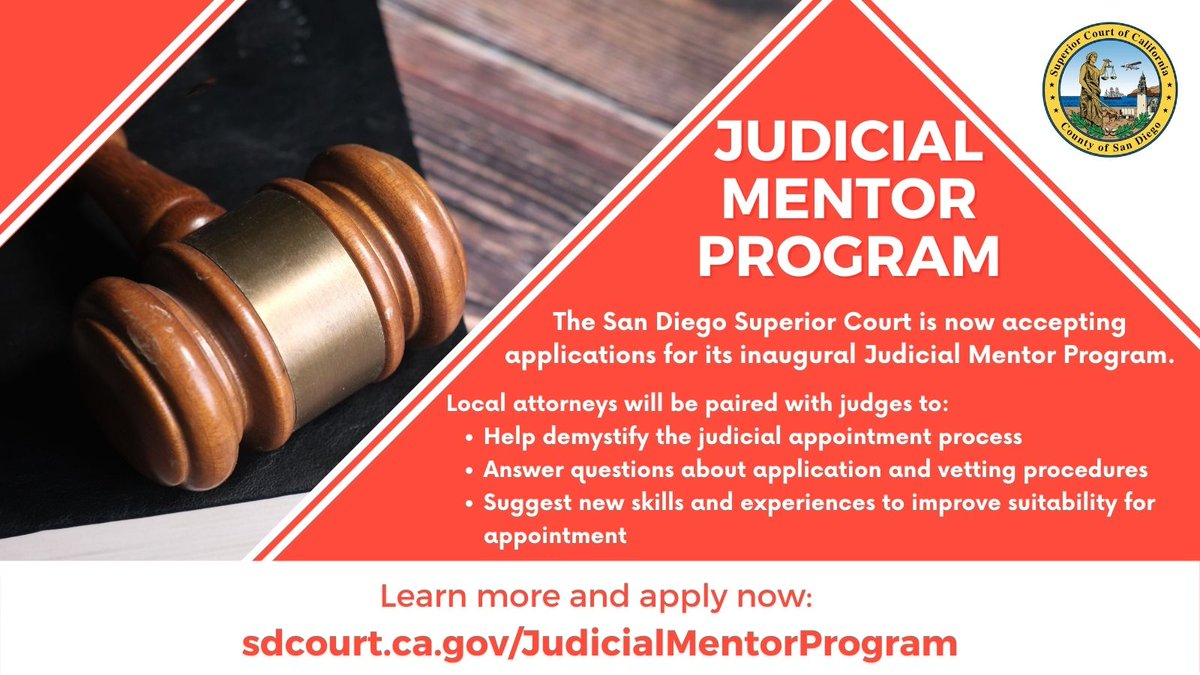 sdcountybar's tweet photo. The @SDSuperiorCourt launched the Judicial Mentor Program. Applications are open for attorneys who are thinking of applying for future judicial appointment. Applications due by Oct. 31 for the inaugural group of mentees! Learn more: https://t.co/AvVGvtHUAV #sdcba #sdlaw #sdcourts https://t.co/rW42ebHJWn