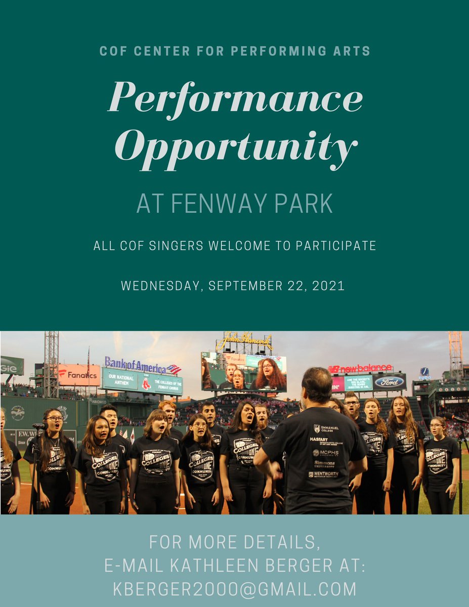 colleges_fenway's tweet photo. If you're a singer 🎤 + interested in a once-in-a-lifetime performance 🎭 experience, here's your chance! Join @colleges_fenway Music 🎵 on 9/22 at @fenwaypark ⚾ as #collegesofthefenway celebrates #COFNight at the @RedSox. Please e-mail 📧 Kathleen with #cofmusic for more info.! https://t.co/rOgDohbwCG