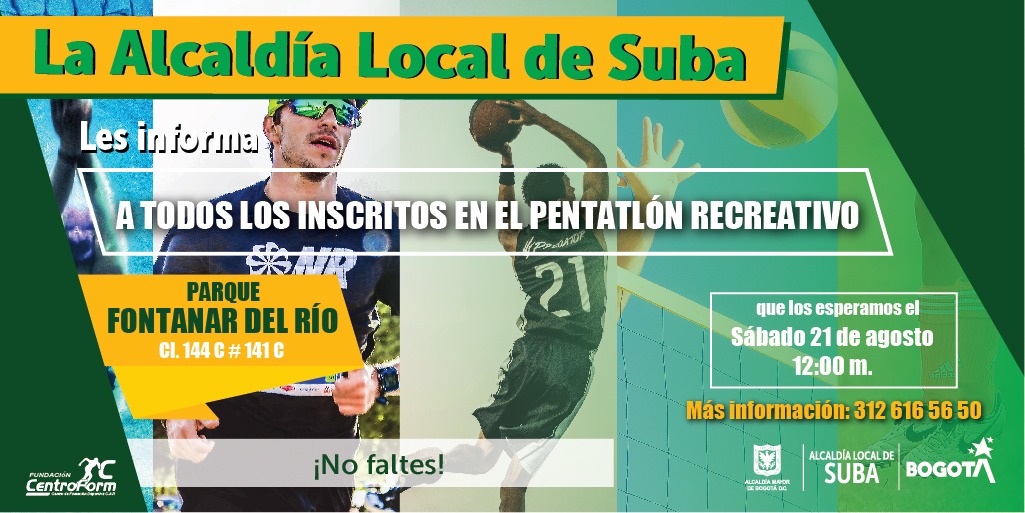 subaalcaldia's tweet photo. ¡LLEGÓ EL DÍA! Recordamos a todos los inscritos al Pentatlón Recreativo que MAÑANA a las 12:00 m. en el parque Fontanar del Río es nuestra cita para participar en esta competición.

No olvides llevar ropa cómoda y disponibilidad de tiempo🥅⛹🏻🏐🏊🏻👟. ¡Te esperamos! https://t.co/DlL7Co0Uxe