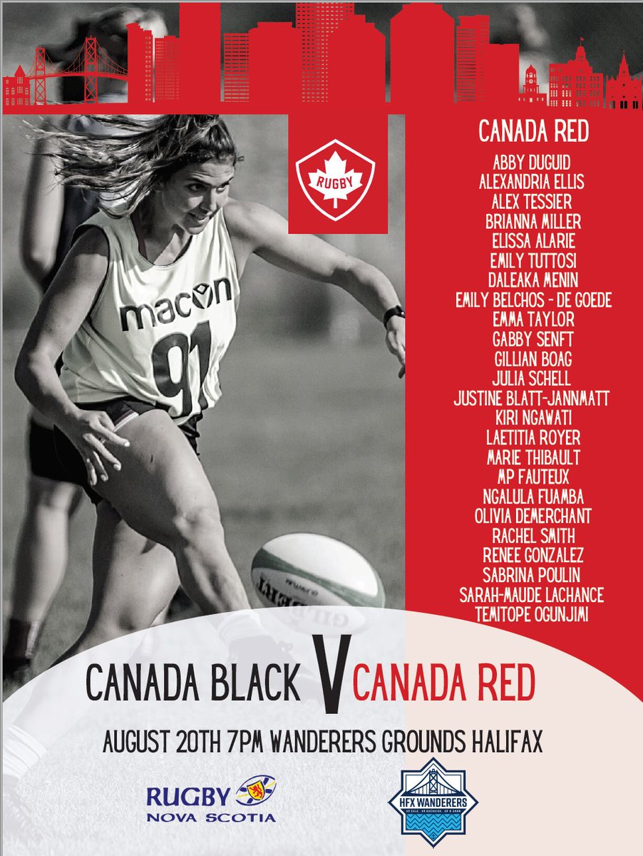 RugbyCanada's tweet photo. Today is the day! The "Red vs. Black" match, presented by @DHLRugby kicks off tonight! 🏉

⏰ Friday, Aug. 20, at 7pm AST 
🏟 Wanderers Grounds, Halifax
🎟 https://t.co/jEBgN4ll78

#RugbyCA | @RugbyNS https://t.co/Ttlv5WixsA