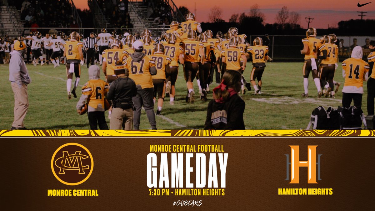Varsity Football will be at Hamilton Heights for the first regular season game, with kickoff at 7:30PM! #GoBears

<a href="/MCBearsFootball/">Monroe Central Football</a>