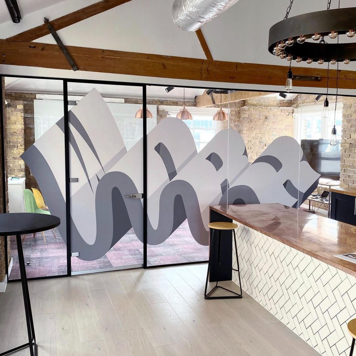 A fantastic double whammy entitled "Work/Play" by @pref_id 🏢 

🇬🇧 Double sided installation on glass partition for <a href="/hutch/">hutch</a>.games in London

​---------------------------------------------
<a href="/paintshopstudio/">Paintshop | Studio & Gallery</a> @creativeforager