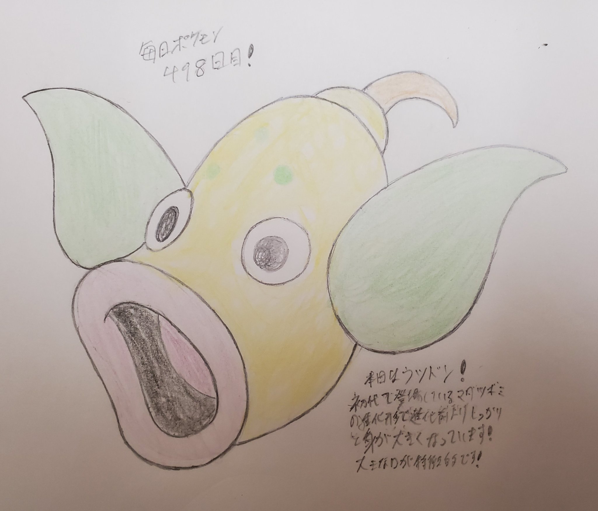 Runner Hiro Runrun 趣味に走る男 毎日ポケモンお絵描き 497日目 本日は 昨日描いたマダツボミの進化形にあたるウツドンを描きました つぼみから成長し 大きな口が特徴で ウツボカズラ がモチーフとされています 実際と同じく 夜行性で日が暮れて