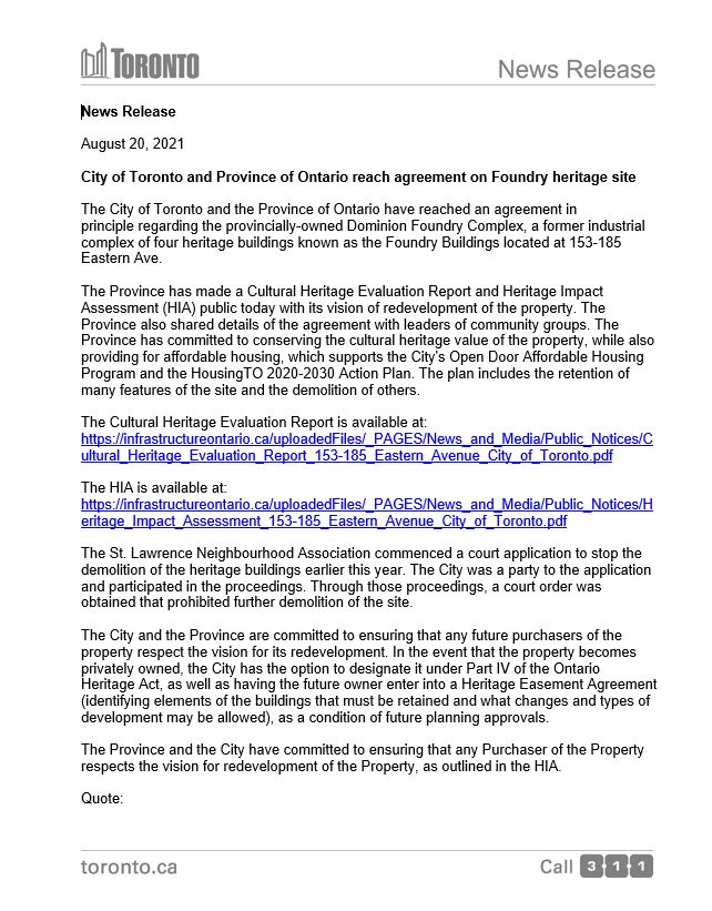 cityoftoronto's tweet image. City of Toronto and Province of Ontario reach agreement on Foundry heritage site.
News release: toronto.ca/news/city-of-t…