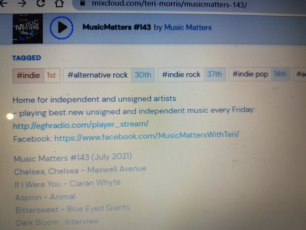 Just found out that #MusicMatters -143 #EGHRadio playlist is currently the No.1 in the #indie #chart on 
<a href="/mixcloud/">Mixcloud</a>
Have you listened to it? 
#NewMusicAlert 
feat. <a href="/blueeyedgiants_/">Blue Eyed Giants</a> <a href="/indiebdream/">Indie Butterflies Dream</a> <a href="/wildhorserockuk/">Wild Horse</a> <a href="/MosesOfficialUK/">M O S E S</a> <a href="/project_shed/">The Shed Project (Band)</a> <a href="/croftandcotes/">Croft & Cotes</a> <a href="/HardwickeCircus/">Hardwicke Circus</a>