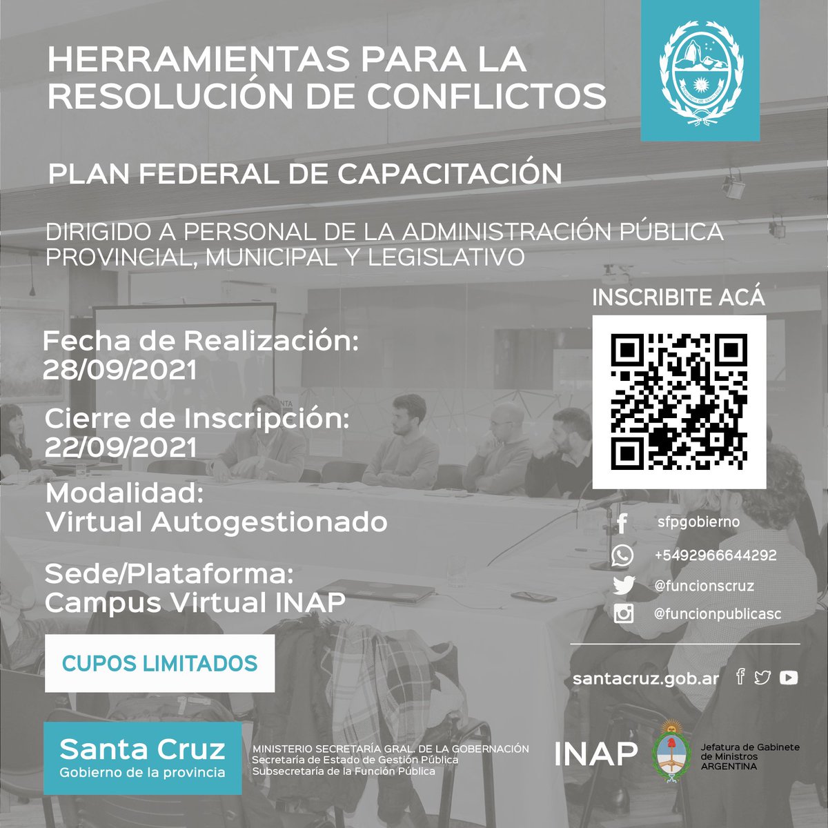 FuncionScruz's tweet photo. 👉OFERTA SEPTIEMBRE CURSOS AUTOGESTIONADOS 
.
Links de inscripción en cada flyer🏅
.
#INAP @INAPArgentina #msgg #SantaCruz @_SantaCruzAr @JefGabSC #capacitacion2021 #funcionpublica https://t.co/JkT9Mn6bKB