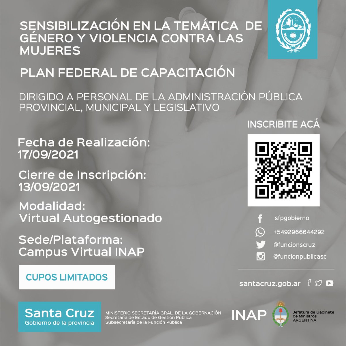 FuncionScruz's tweet photo. 👉OFERTA SEPTIEMBRE CURSOS AUTOGESTIONADOS 
.
Links de inscripción en cada flyer🏅
.
#INAP @INAPArgentina #msgg #SantaCruz @_SantaCruzAr @JefGabSC #capacitacion2021 #funcionpublica https://t.co/JkT9Mn6bKB