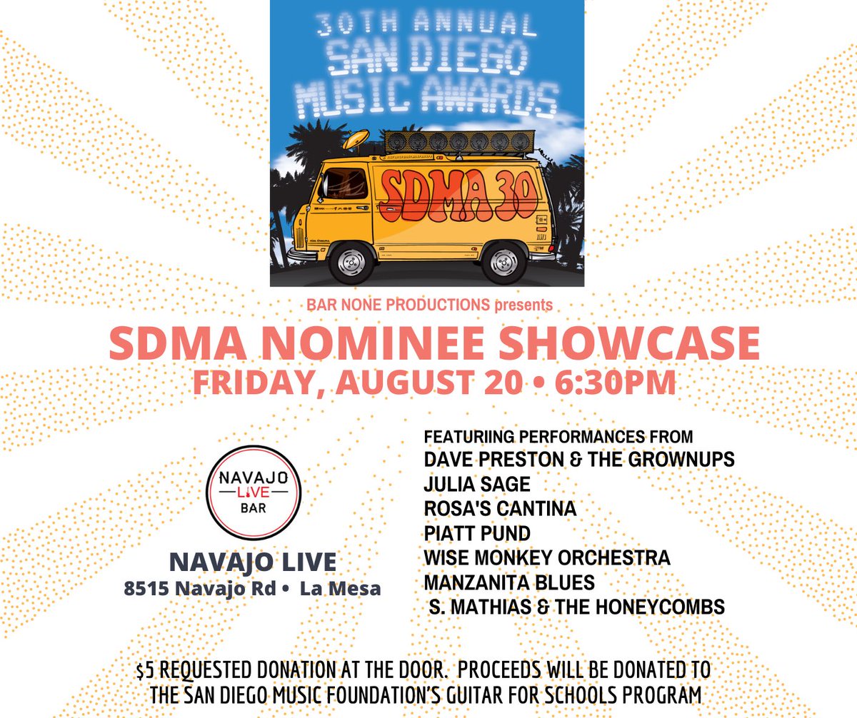 SDMusicAwards's tweet photo. Tonight, August 20, at Navajo Live in La Mesa! 👏 Support San Diego music at this SDMA showcase. We kick things off at 6:30 PM. Proceeds to benefit the San Diego Music Foundation’s Guitars For Schools Program. 🎶🎙 https://t.co/qaJLDNmAqJ