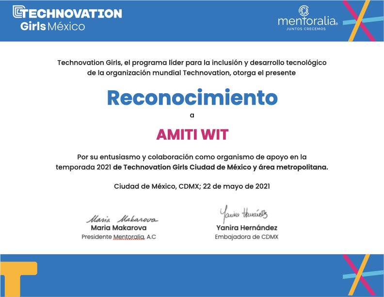 AMITI_WIT's tweet photo. A nombre de AMITI WIT, agradecemos este reconocimiento de @TechnovatioCDMX y lo compartimos con nuestra comunidad. ¡Enhorabuena por la conclusión de su sexta temporada! Sigamos sumando para cerrar brechas.
#UnidasSomosMásFuertes
#SoyTechnovation #YoInspiro https://t.co/J7dQOXLm5s