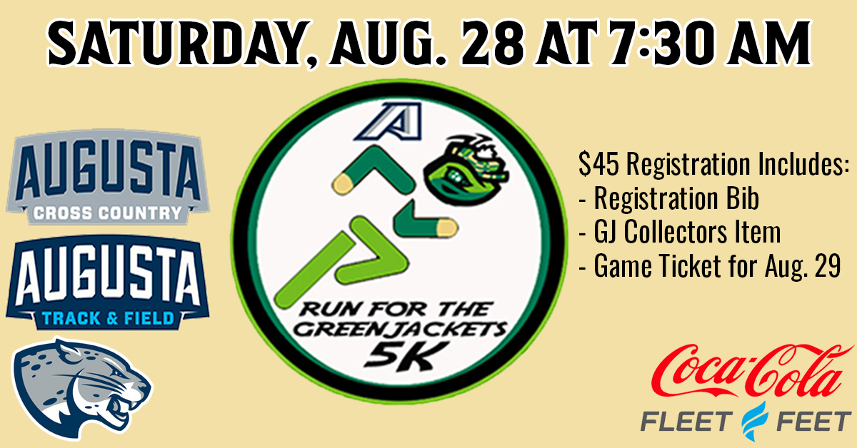 GreenJackets's tweet photo. Exactly one week away from the AU Run for the GreenJackets 5K benefitting the Augusta University Cross Country and Track and Field programs! 🏃 Registration gets you a ticket to the GreenJackets game on August 29!

Sign up online at 👉 https://t.co/eYAYHM2xpt https://t.co/IXjn99HcIs