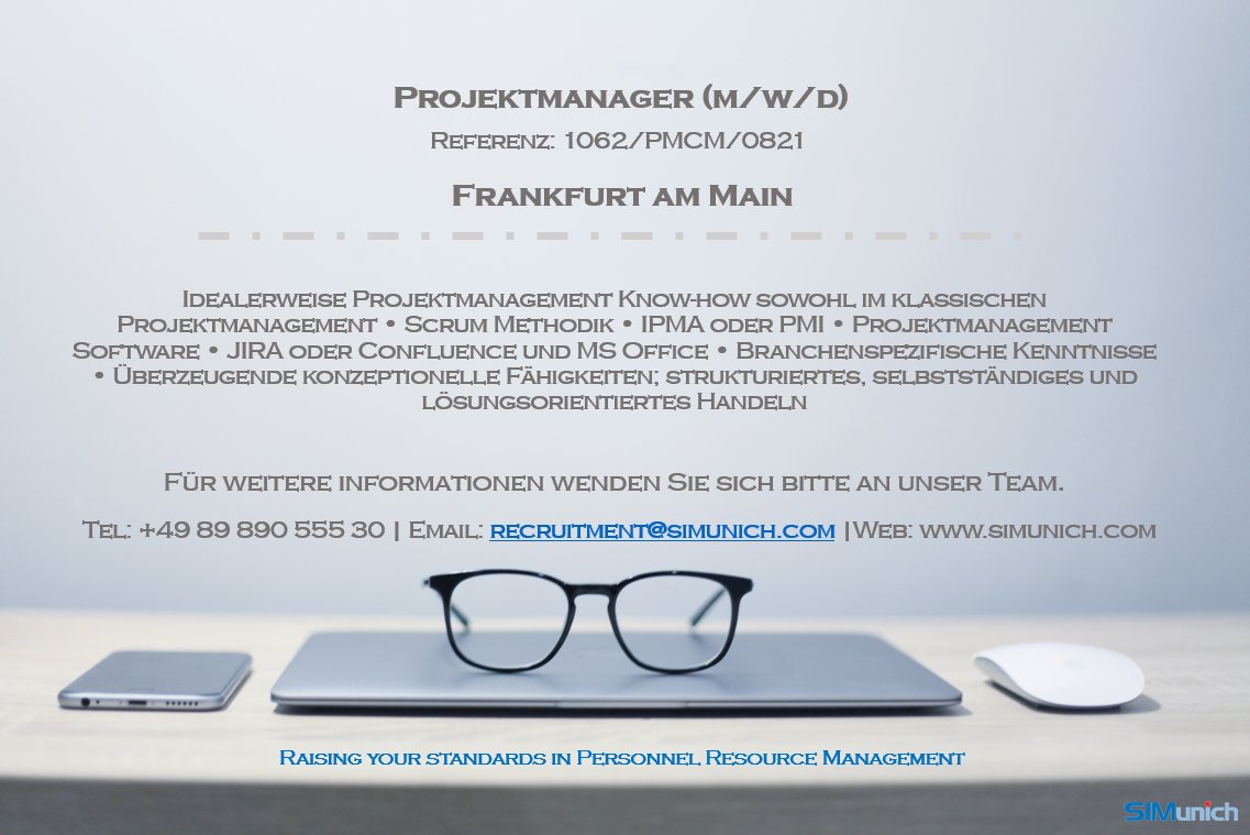 Unser Kunde sucht ein Projektmanager (m/w/d) für Standort Frankfurt am Main. Vollständige Informationen auf unserer Website: simunich.com/job/projektman… - #Projektmanager #Banking #Projekt #Manager #FrankfurtamMain #SIMunich