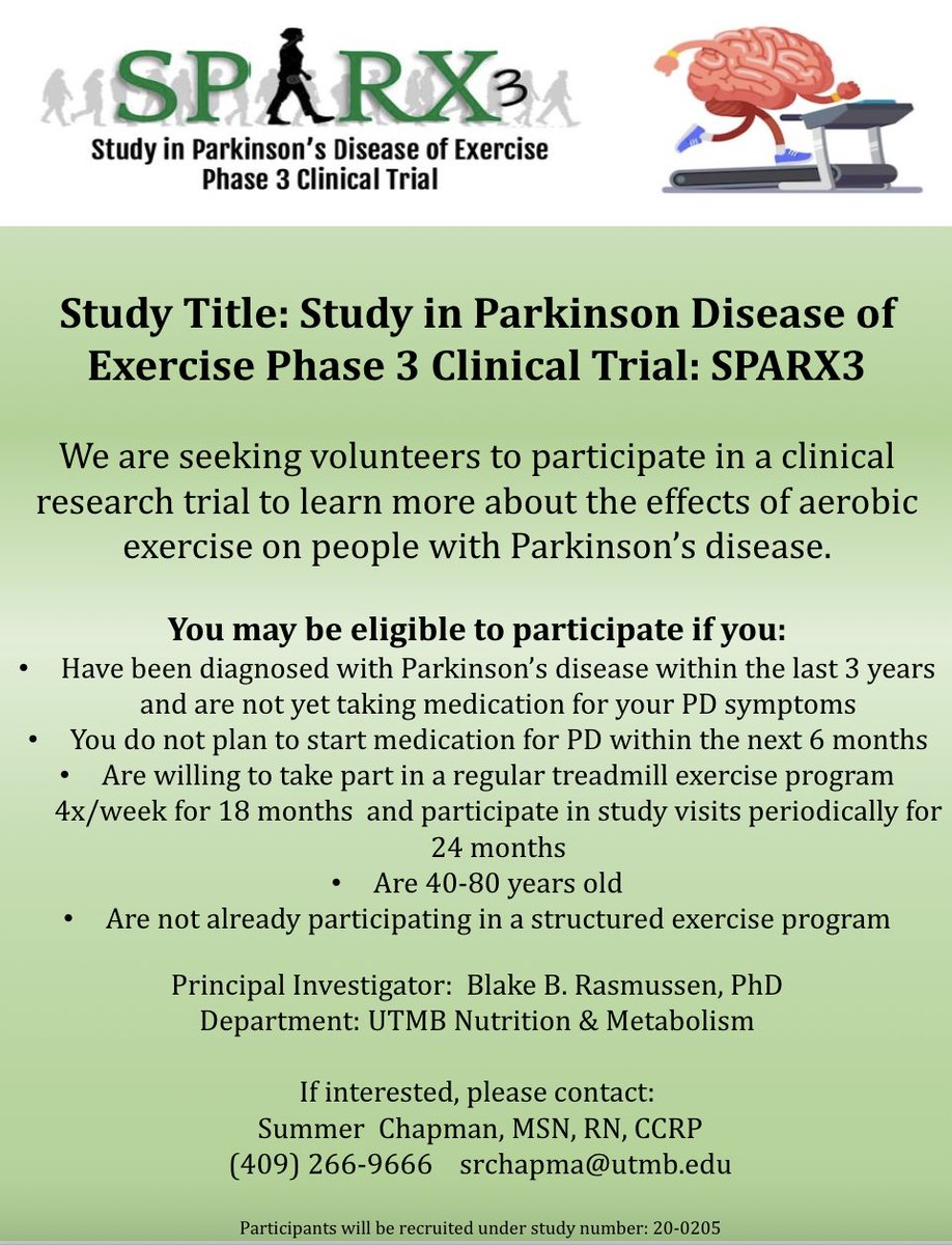 The Study in Parkinson's Disease of Exercise Phase 3 Clinical Trial (#SPARX3): We are seeking volunteers to participate in a clinical research trial to learn more about the effects of aerobic exercise on people with Parkinson’s disease. Learn more: utmb.us/4v8 #CeRPAN