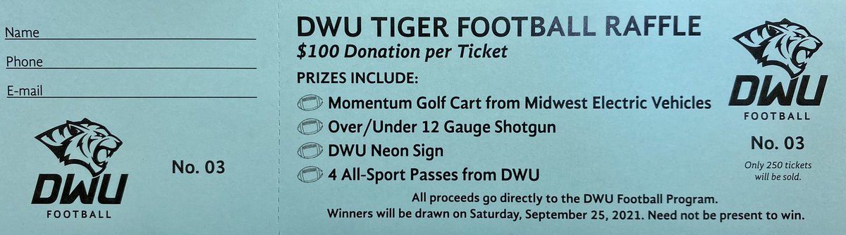 💥💥Fall Camp Scrimmage💥💥

Check out the DWU Football Scrimmage tonight at 6:30pm on the DWU Practice field. 

Apparel and Raffle Tickets for sale!

Bring your lawn chair and check out the 2021 Tigers! Everyone welcome

#bleedblue