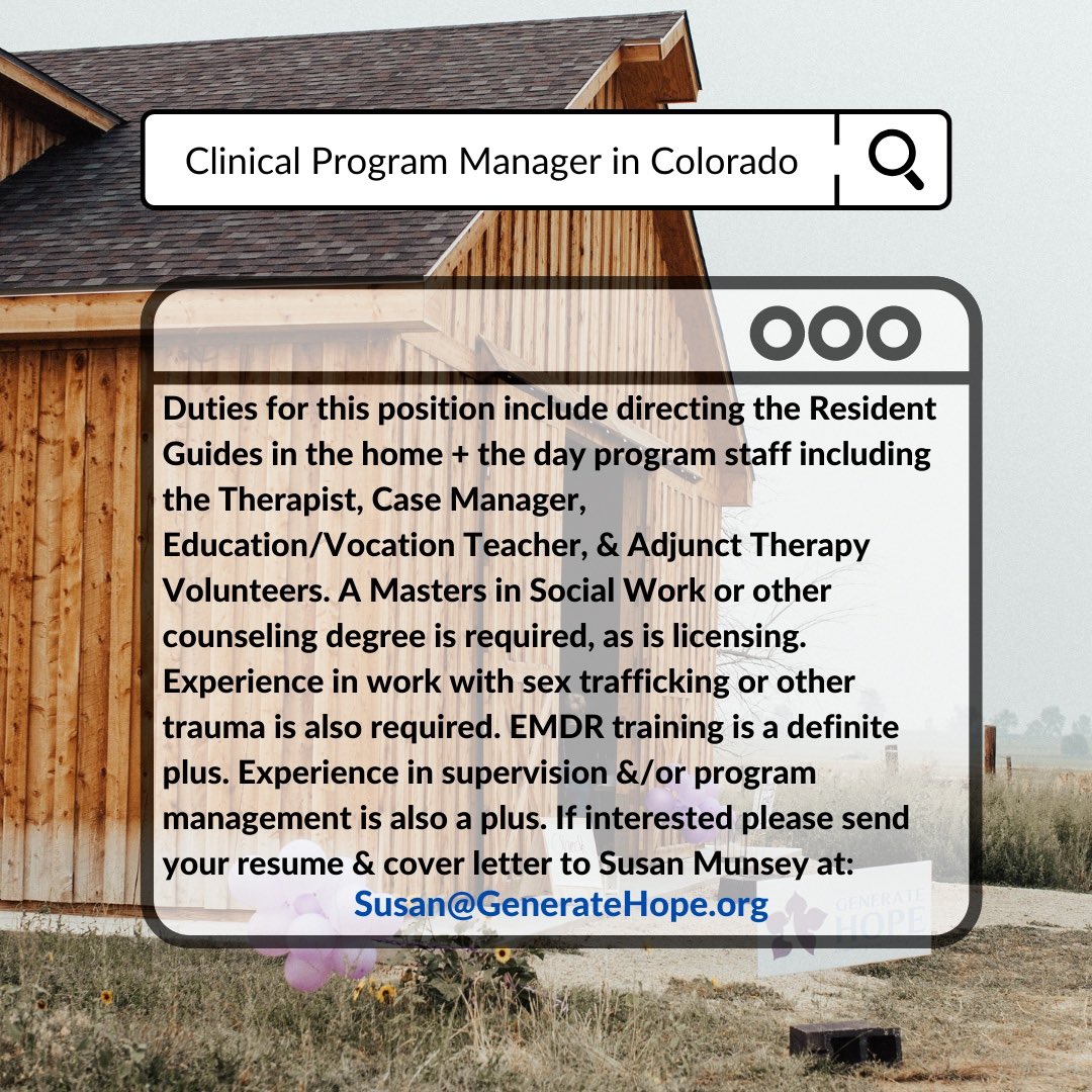 GenerateHope's tweet image. ✨We're Hiring!✨⁠
⁠We are looking for a Clinical Program Manager for our Northern Colorado location. If you have experience for this position and want to join the GenerateHope team please email your resume and cover letter to Susan Munsey at Susan@GenerateHope.org
