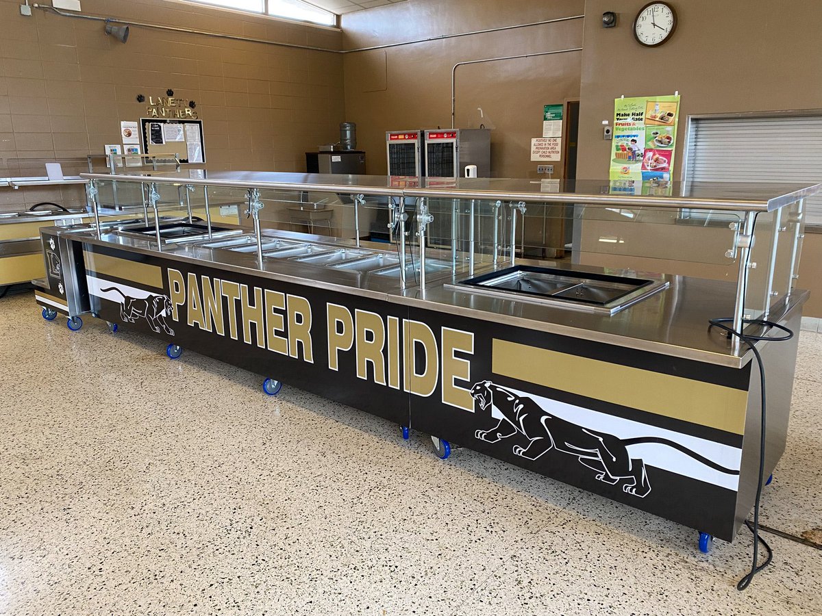 advancetabco's tweet photo. A beautiful line-up ready for back to school at Linett High School of Alabama. Custom vinyl wrapping added to support Panther Pride! #foodserviceequipment #servinglines #advancetabco #foodtables #customfabrication #stainlesssteelfabrication #smartfab https://t.co/Tz5Ekztn3d