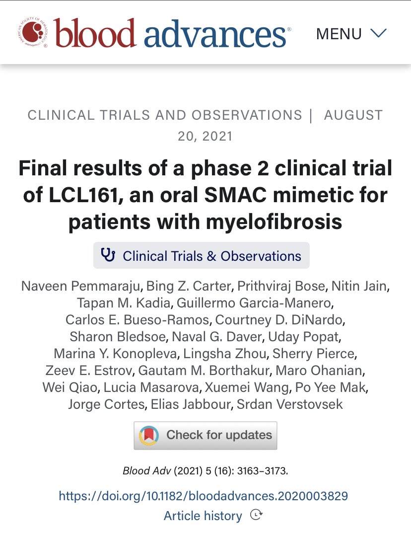 doctorpemm's tweet photo. #TexasMPNWorkShop21 #TMW21 | 💥 Just in time for our meeting, hot off the press, just out today 👉👉👉 Final results of a phase 2 clinical trial of #LCL161, an oral #SMAC mimetic for patients with myelofibrosis |  🙏🏾 @BloodAdvances | https://t.co/YC6gvTiPtX | #Apoptosis #MPNSM https://t.co/JovpyF2rqp
