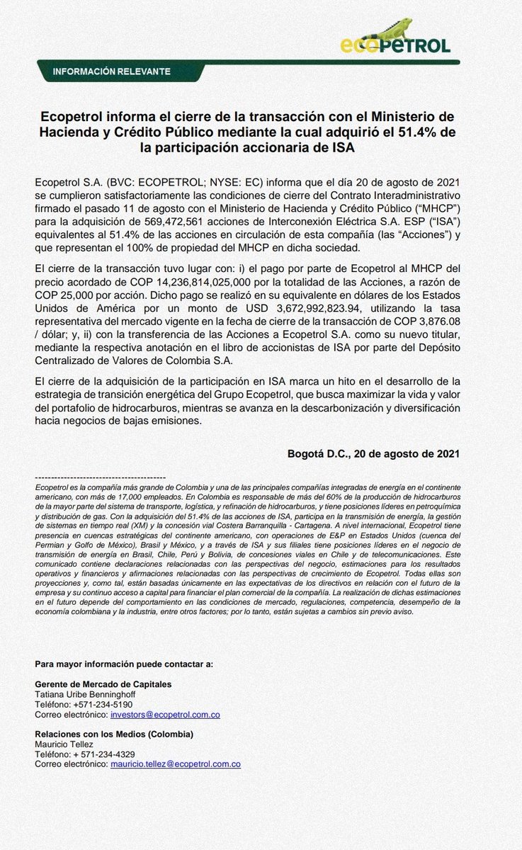 josejournaliste's tweet photo. @ECOPETROL_SA pagó a @MinHacienda COP$14,236,814,025,000 por el 51,4% de las acciones en circulación de @ISAConexiones. En total #MHCP recibió USD$3,672,992,823.94, a una tasa representativa de COP$3,876.08/dólar https://t.co/Uq5UpcUkGR