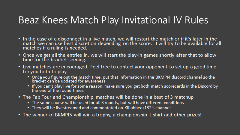 KillahBeaz132's tweet photo. That's right everyone, after a long delay we are ready to announce BEAZ KNEES MATCH PLAY INVITATIONAL V. This one includes a play-in tournament and new difficulty settings! We'll go over all the details on stream tonight at 930PM EST! https://t.co/JuMB6Y7eVL #BKMPI5 @PGATOUR2K https://t.co/4pYOp2VK7G
