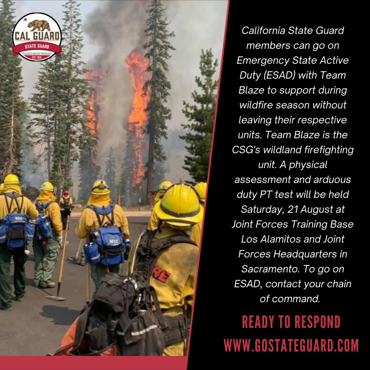 CSG members can go on ESAD to support during wildfire season without leaving their respective units. #firefighting #firefighter #californiastateguard #readytorespond