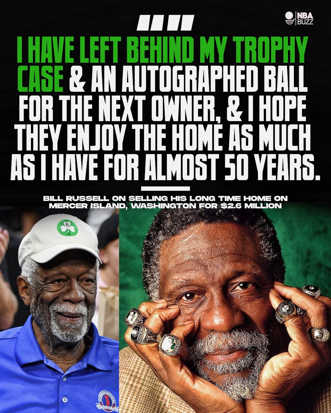 NBA Buzz - Bill Russell is selling his Mercer Island home that he's owned  for almost 50 years for $2.6 Million ☘️ There's a catch: The 11x champion  is leaving behind his